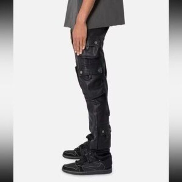 New, unworn men's black vegan leather tactical cargo pants in Amiri style, size - Picture 9 of 13